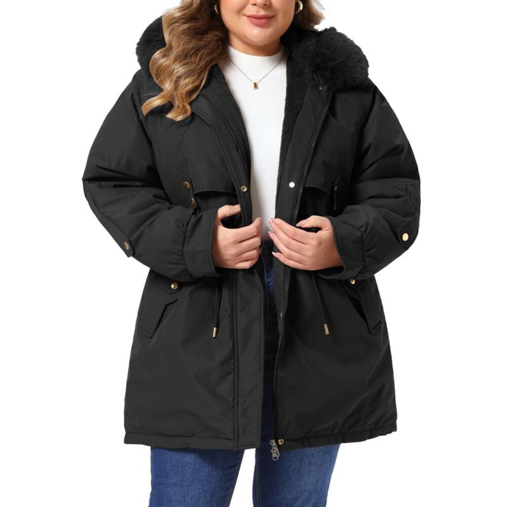 Women Plus Size Drawstring Waist Detachable Hood Trench Coat Black